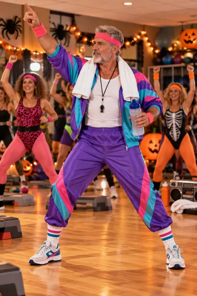 photograph featuring a different 56-year-old man with short gray hair and a neatly trimmed beard dressed as an exaggerated 1980s aerobics coach