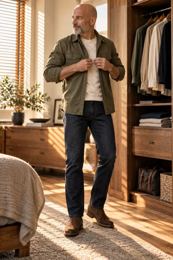 photo of a different bald 56-year-old man with a neatly trimmed gray beard putting on an olive green overshirt over a cream crew-neck T-shirt