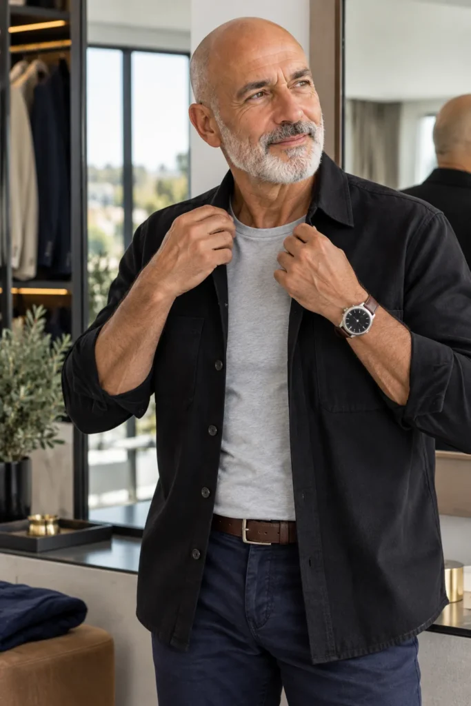 photo of a different bald 62-year-old man with a neatly trimmed white and grey beard wearing a black overshirt over a clean light gray crew-neck T-shirt