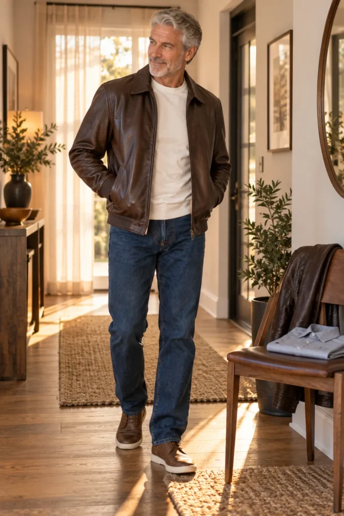 photo representing a mature man wearing a classic dark brown leather jacket with a plain crew-neck shirt