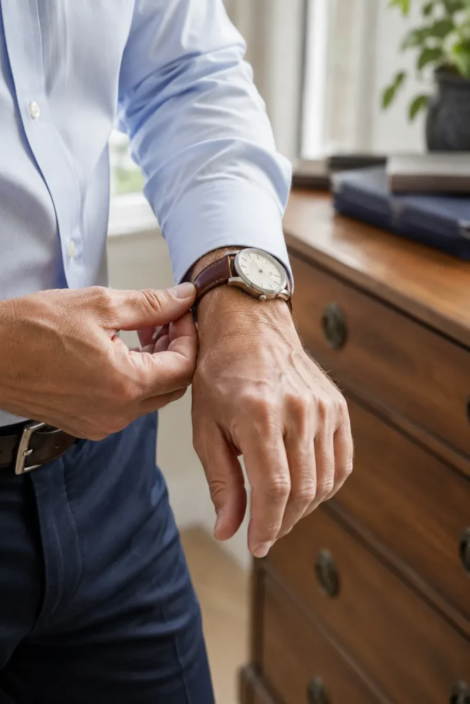 photo of a 61-year-old man's hands fastening a classic brown leather wristwatch before getting dressed