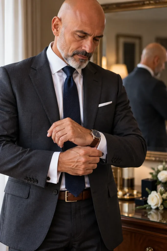 photograph showing the hands and upper torso of a bald 57-year-old man preparing for a wedding. He wears a sophisticated charcoal suit
