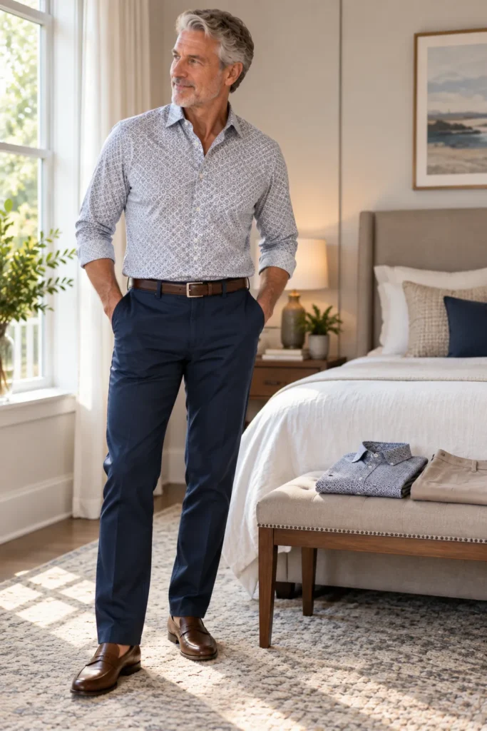 photo representing a mature man wearing a tasteful small-pattern printed button-down shirt with solid navy trousers
