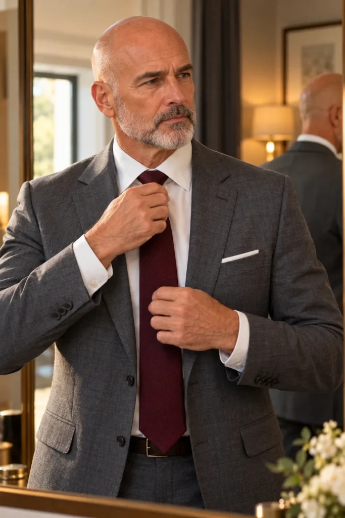 photograph showing a bald 58-year-old man with a neatly trimmed salt-and-pepper beard adjusting a deep burgundy tie in front of a mirror before a wedding