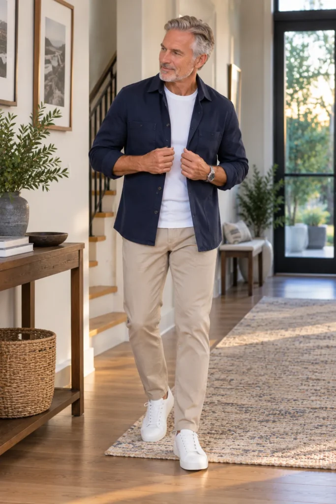 photo of a stylish 59-year-old man putting on a lightweight navy overshirt over a white crew-neck shirt and beige chinos in a modern hallway