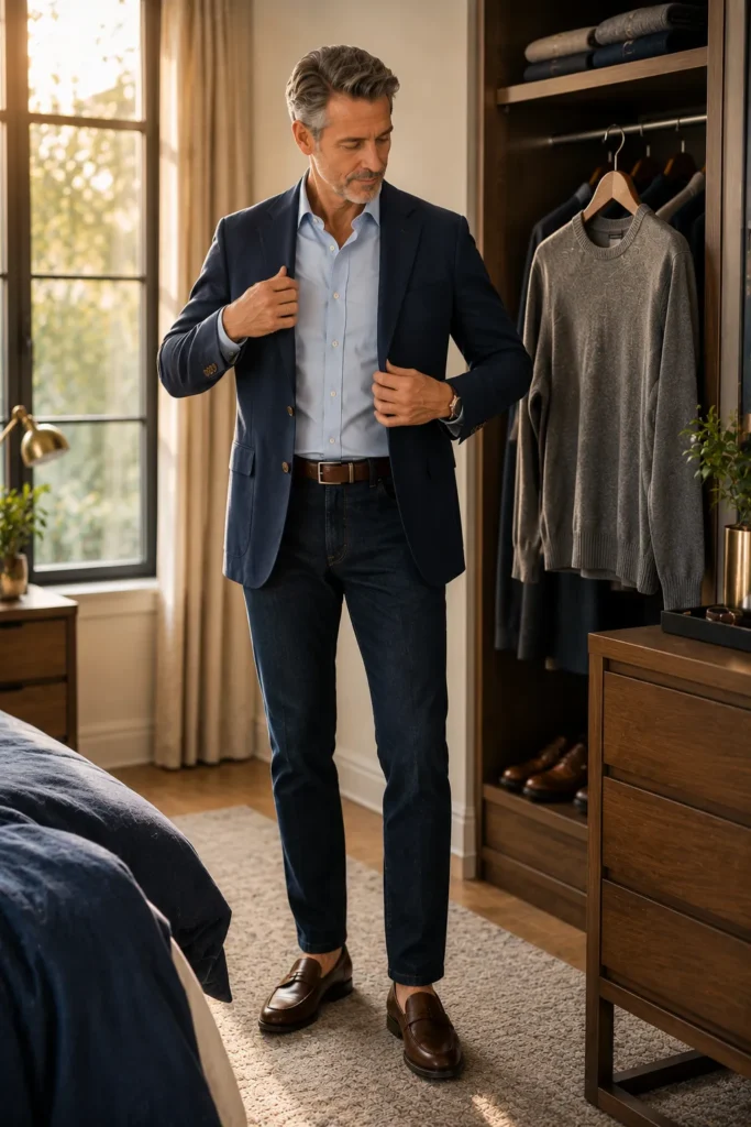 photo of a distinguished man around 55 adjusting a casual navy blazer over a light blue Oxford shirt and dark jeans