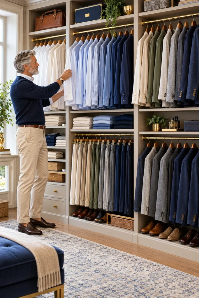 photograph of a neatly organized men's wardrobe, with clothing arranged by color within each clothing type