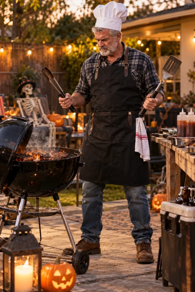 photograph of a different 59-year-old man with short salt-and-pepper hair and a neatly trimmed beard dressed as an overly serious backyard BBQ king