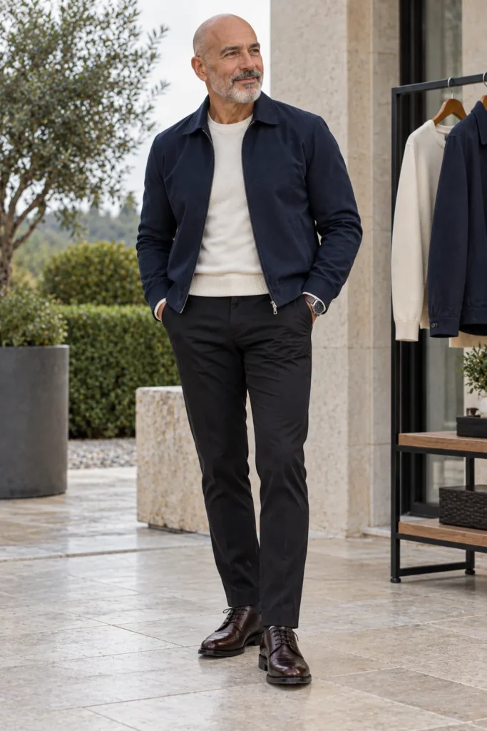  photo of a different bald 58-year-old man with a neatly trimmed grey beard wearing a navy jacket over a light cream crew-neck sweater
