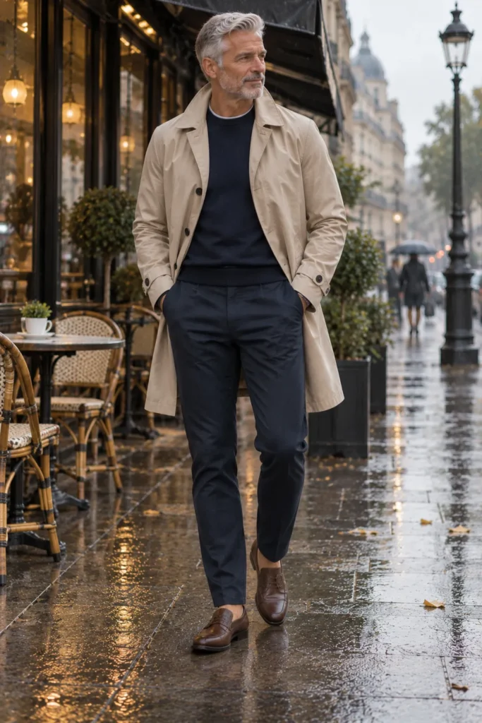 photo of a mature man around 60 with short grey hair and a neatly trimmed beard, wearing a sophisticated beige raincoat over a navy crew-neck sweater