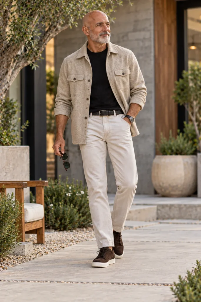 photograph featuring a stylish 61-year-old bald man with a neatly trimmed gray beard wearing a textured beige shirt jacket worn open over a fitted black crew-neck T-shirt