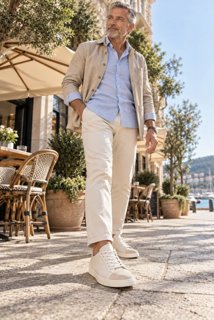 photograph featuring a mature man around 57 wearing beige and cream low-top sneakers
