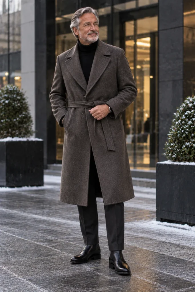 photograph of a mature man around 62 wearing a sophisticated belted wool coat in deep taupe or warm charcoal