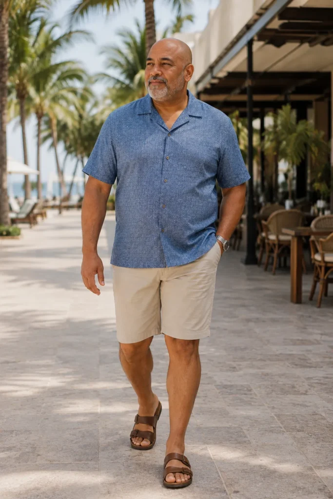 photograph of a completely different 57-year-old plus-size bald man with a wide oval face, warm tan skin