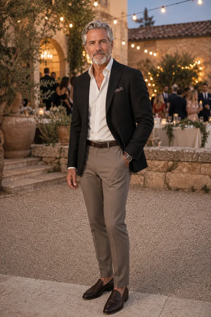 photo of a sophisticated mature man around 55 with silver-grey hair and a neatly trimmed grey beard wearing a fitted black blazer