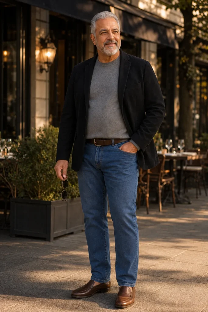 photograph featuring a completely different 60-year-old big and tall man with a broad mature build, short neatly styled silver hair