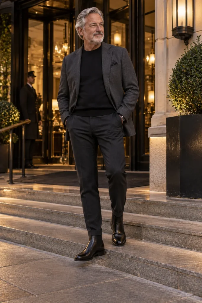 photograph of a distinguished man around 60 standing on the steps of a sophisticated hotel entrance