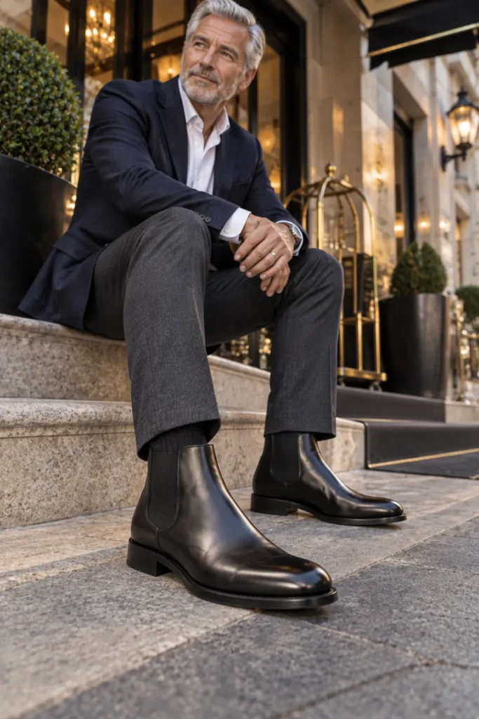photograph centered on sleek black leather dress boots