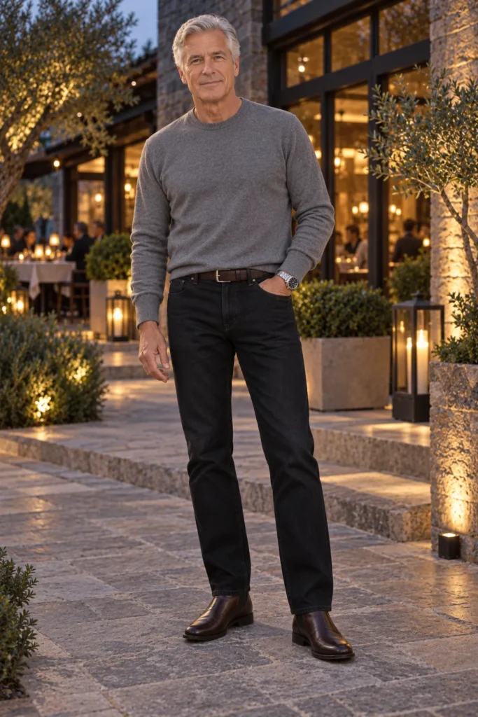 photograph of a distinguished 61-year-old man with neatly groomed grey hair wearing clean black straight-leg jeans,