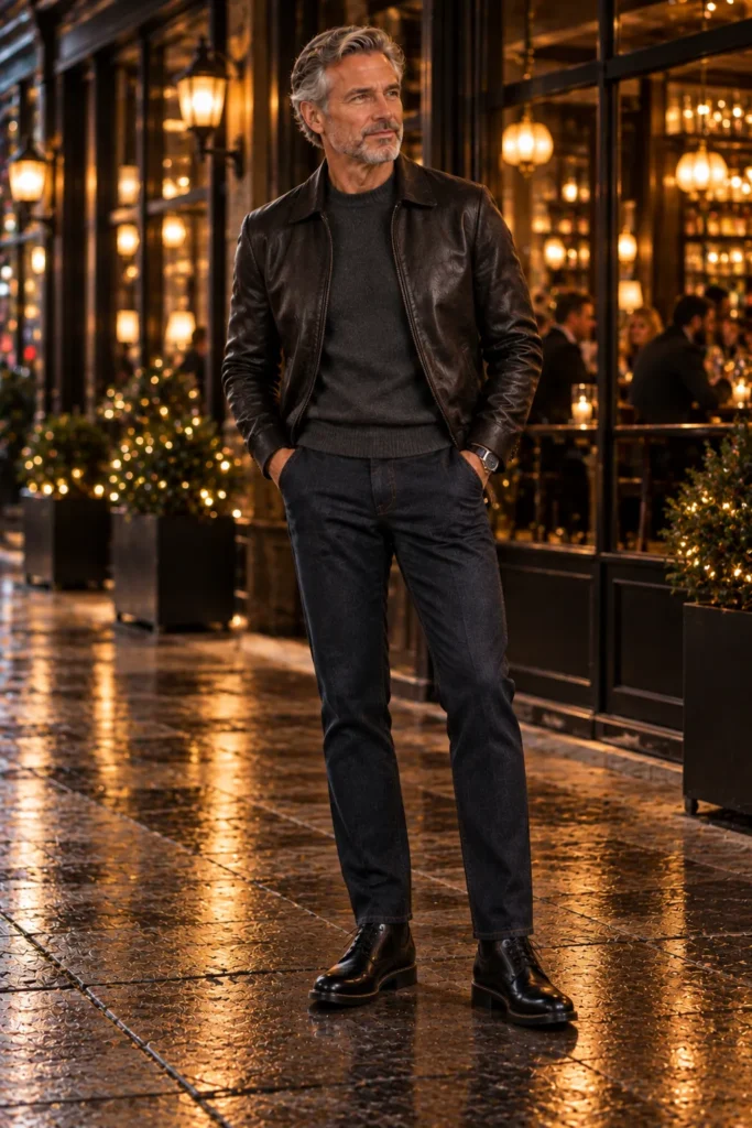 photograph featuring a stylish 59-year-old man with short silver hair, a neatly trimmed beard, and an athletic build