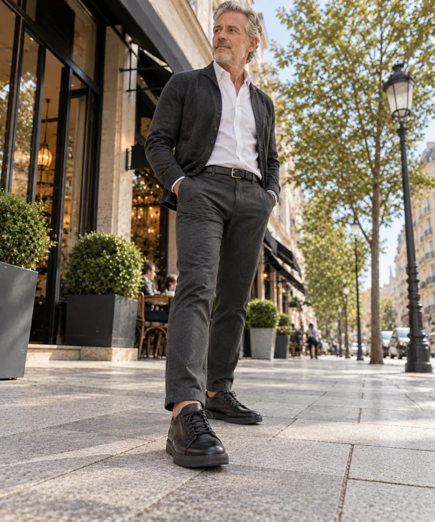 photograph featuring a mature man around 60 wearing sleek black leather sneakers, charcoal trousers