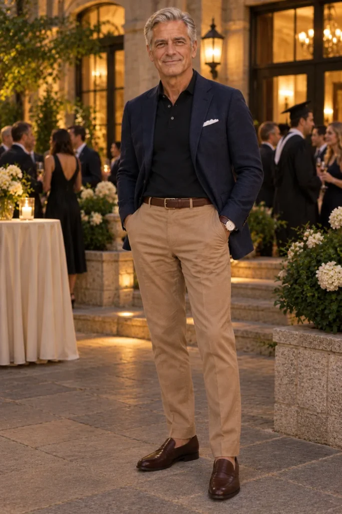 hotograph of a distinguished 61-year-old man attending an evening graduation celebration at an upscale university venue