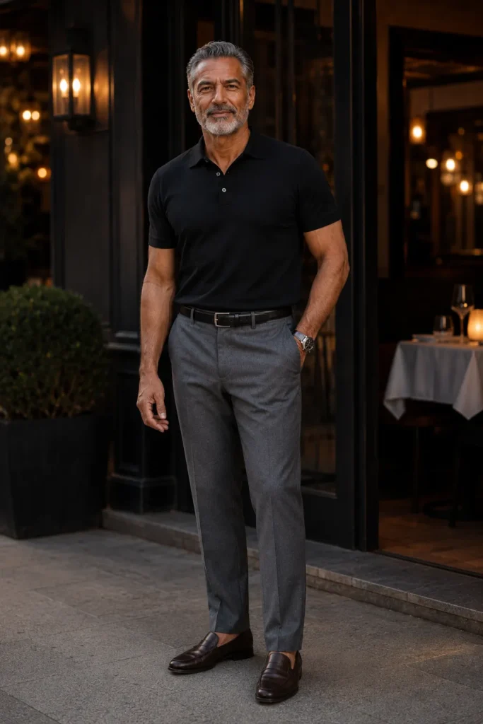 photograph featuring a sophisticated 66-year-old man with a strong natural mature build, short neatly styled silver-black hair