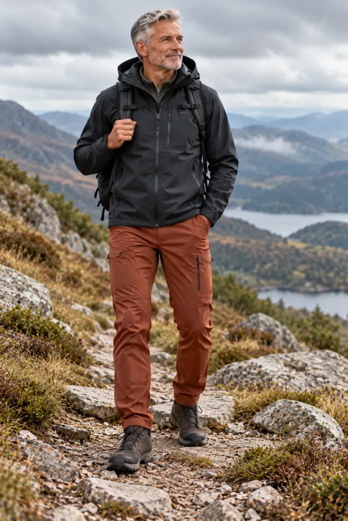 photograph of a 60-year-old man with short silver hair wearing a black waterproof hiking shell