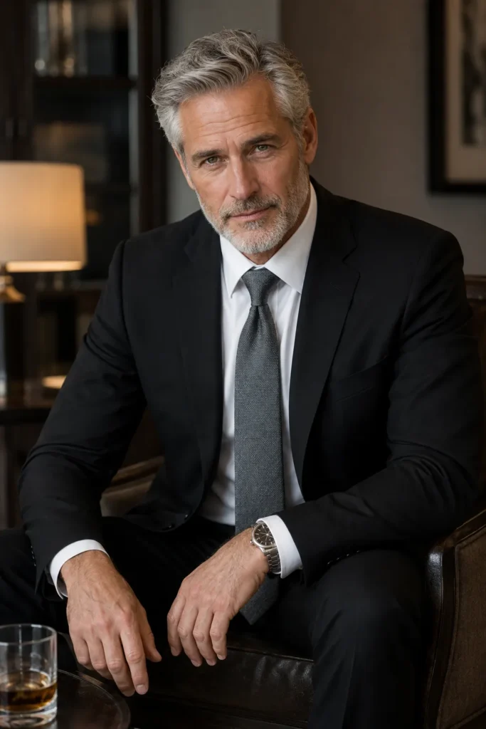photograph featuring a mature man around 56 with neatly styled silver hair and a short well-groomed grey beard
