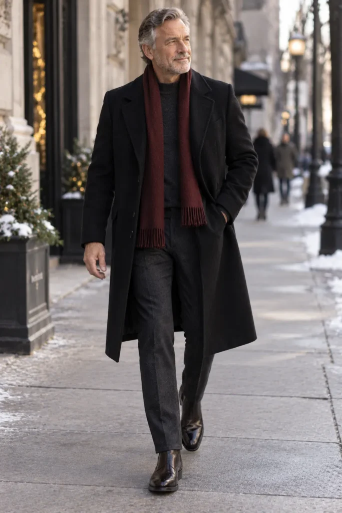 photograph of a mature man around 61 wearing a long black wool topcoat over a dark charcoal sweater and trousers