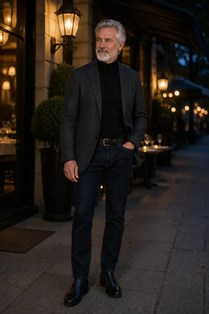 photograph featuring a distinguished 61-year-old man with short silver hair, full neatly groomed gray beard