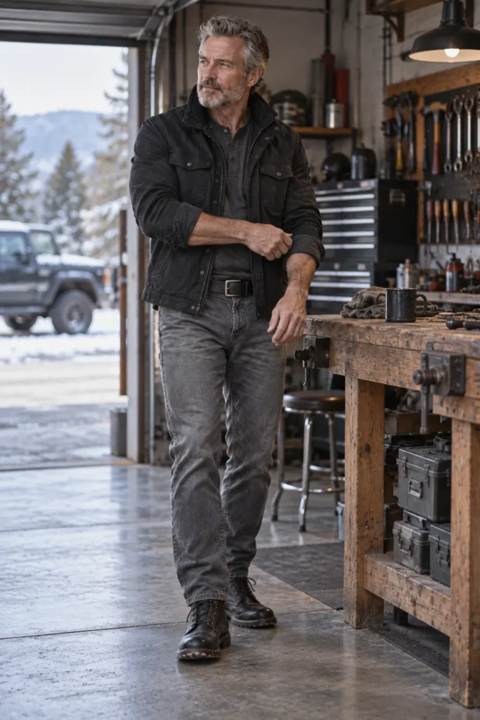 photograph of a rugged 56-year-old man with short gray hair and a neatly trimmed beard wearing a black utility jacket over a dark charcoal henley shirt