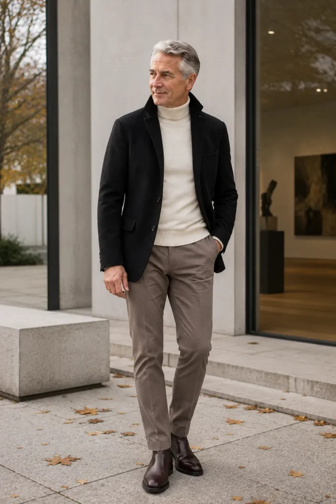 photograph of an elegant 60-year-old man wearing a structured black wool jacket over an ivory fine-knit turtleneck