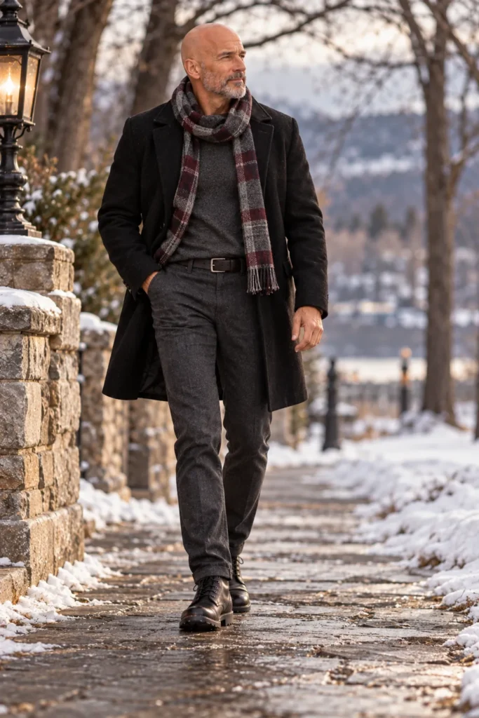 photograph of a confident 57-year-old bald man with a neatly trimmed salt-and-pepper beard wearing a black wool coat over a charcoal gray sweater
