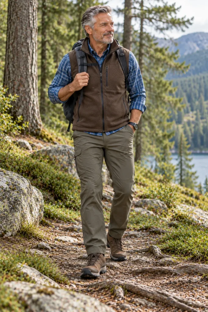 photograph of a 58-year-old man with salt-and-pepper hair wearing a blue checked long-sleeve hiking shirt beneath a plain brown fleece vest