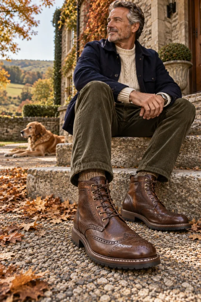 photograph focused strongly on dark brown leather brogue boots