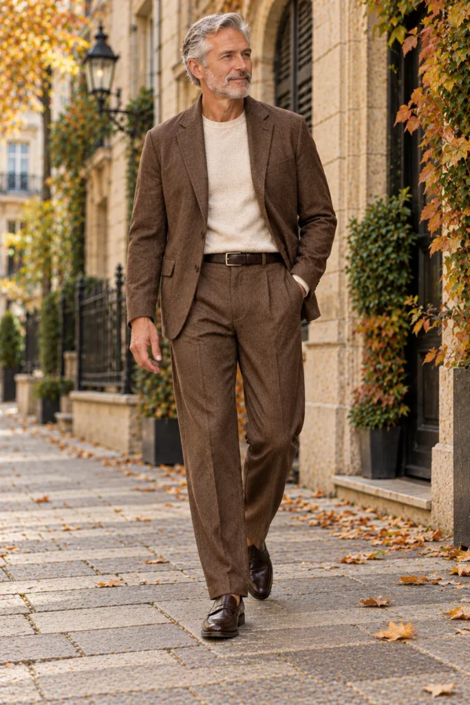 Brown Baggy Suit with a Cream Knit for a Warm