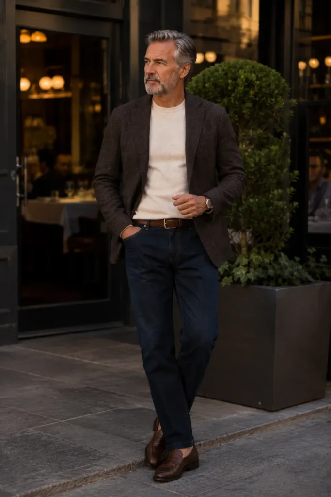 photograph featuring a stylish 61-year-old mature man with short salt-and-pepper hair and neatly trimmed gray beard