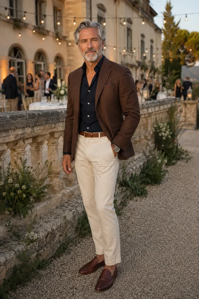 photo of a distinguished mature man around 55 with silver-grey hair and a neatly groomed beard, wearing a rich brown fitted blazer