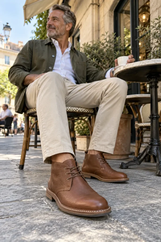photograph where medium brown leather chukka boots are the main subject