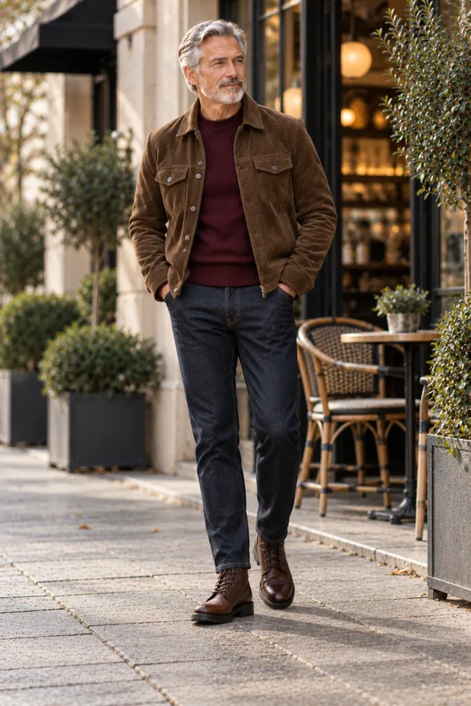 photograph featuring a stylish 58-year-old man with short grey hair and a neatly trimmed salt-and-pepper beard. 