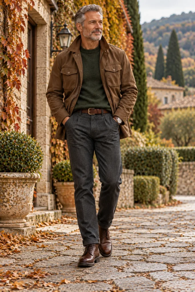 Brown Field Jacket With a Forest-Green Sweater and Flannel Trousers