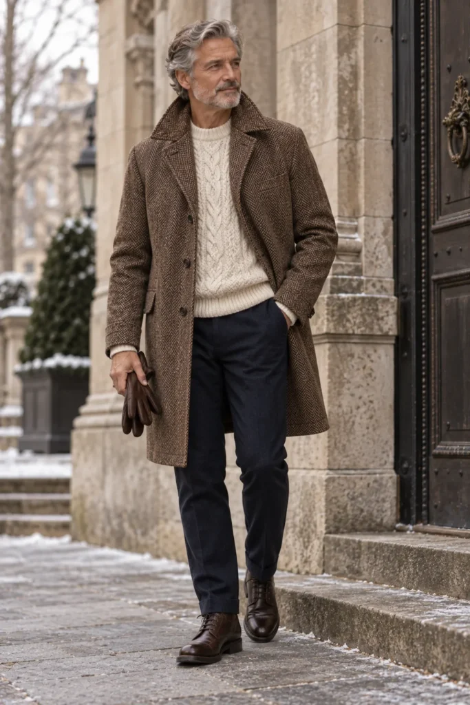 photograph of a mature man around 59 wearing a medium-brown herringbone wool coat over a cream cable-knit sweater