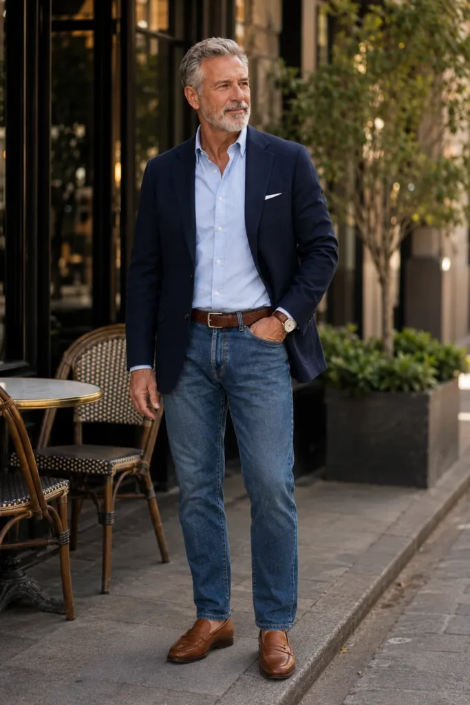 photograph featuring a stylish 60-year-old man with short silver-gray hair, neatly trimmed gray beard