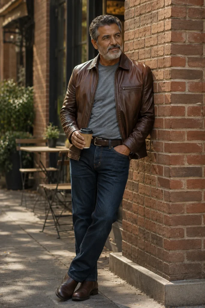 photograph featuring a 63-year-old broad mature man with short dark-grey hair, neatly trimmed grey beard, warm medium-brown skin