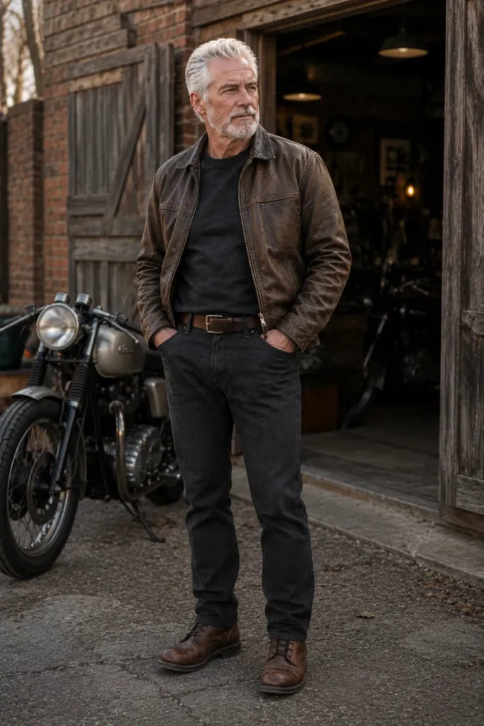 photograph featuring a distinguished 69-year-old mature man with a natural broad build, short silver-white hair, neatly groomed white-grey beard