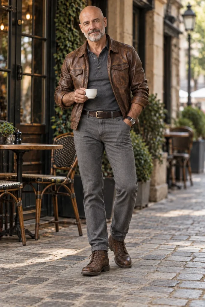 photograph featuring a stylish 58-year-old bald man with a neatly trimmed salt-and-pepper beard