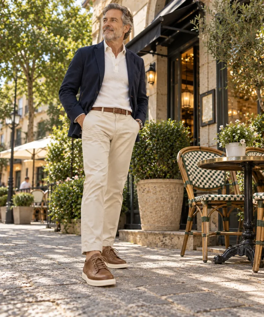 photograph featuring a mature man around 59 wearing refined medium-brown leather sneakers