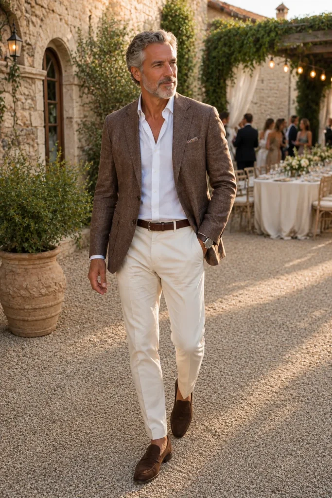 photo of a stylish 50-year-old man with naturally grey hair and a neatly groomed beard wearing a textured brown linen blazer