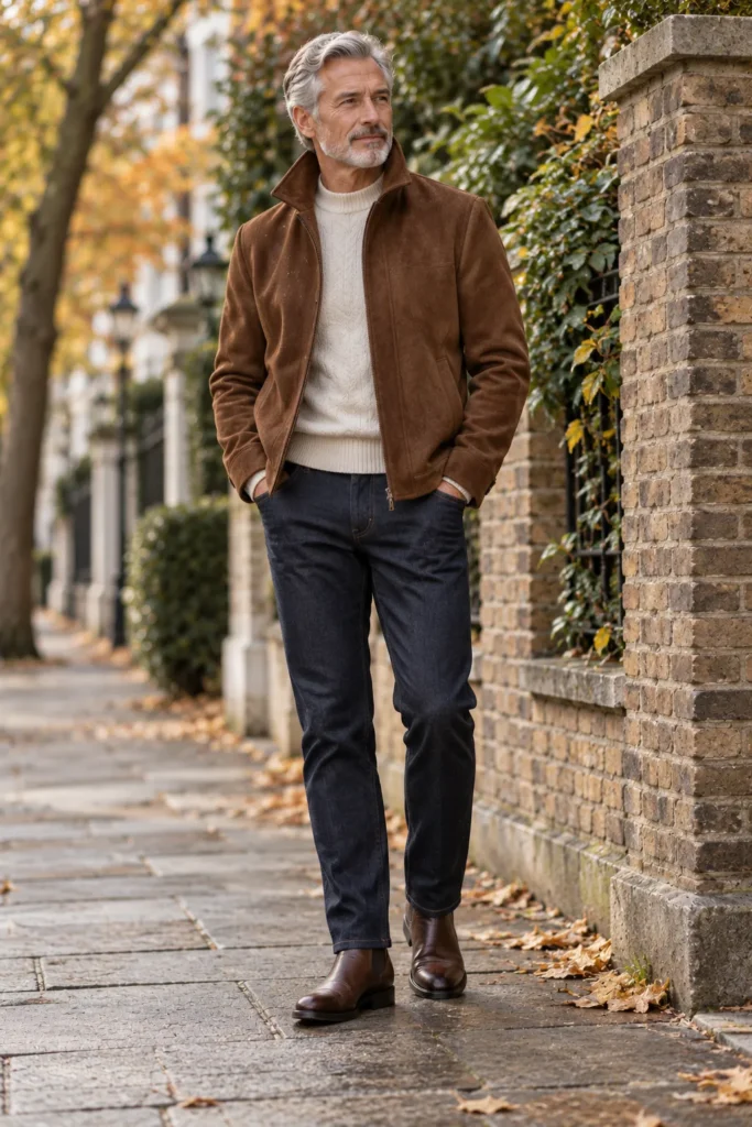 photograph featuring a stylish 58-year-old man with short grey hair and a neatly trimmed salt-and-pepper beard